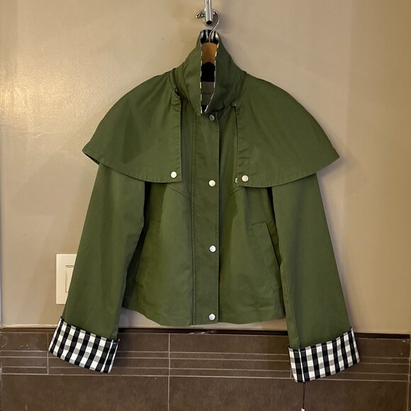 Avec Les Filles Cotton-Blend Gingham Trim Cape Jacket (Olive Green) - Picture 10 of 16